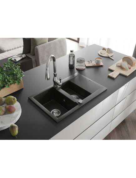 Mexen Gaspar zlewozmywak granitowy 1,5-komorowy z ociekaczem i baterią kuchenną Savita, czarny/złoty - 6507-75-672601-00, 2 image