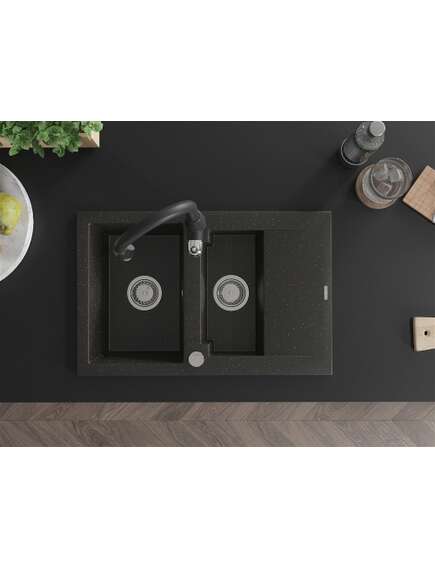 Mexen Gaspar zlewozmywak granitowy 1,5-komorowy z ociekaczem i baterią kuchenną Savita, czarny/złoty - 6507-75-672601-70, 4 image