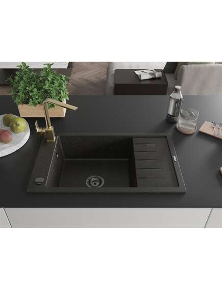 Mexen Elias zlewozmywak granitowy 1-komorowy z ociekaczem i baterią kuchenną Rita, czarny/złoty metalik - 6511-75-670300-50-B, 3 image