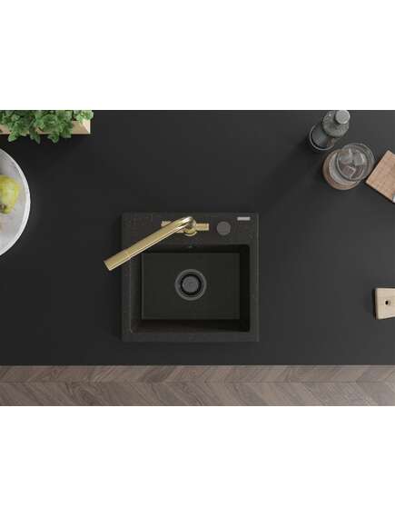 Mexen Milo zlewozmywak granitowy 1-komorowy z baterią kuchenną Duero, czarny/złoty metalik - 6505-75-671600-50-B, изображение 4