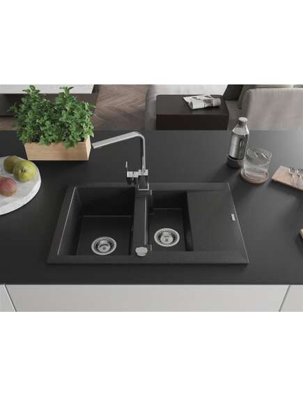 Mexen Gaspar zlewozmywak granitowy 1,5-komorowy z ociekaczem i baterią kuchenną Rita, czarny/srebrny metalik - 6507-73-670300-00, 3 image