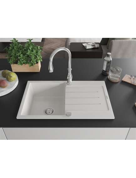 Mexen Bruno zlewozmywak granitowy 1-komorowy z ociekaczem i baterią kuchenną Savita, biały - 6513-20-672601-00, изображение 3