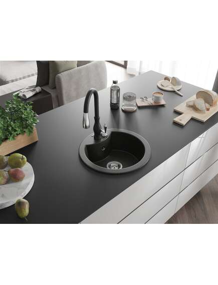 Mexen Diego zlewozmywak granitowy 1-komorowy z baterią kuchenną Savita, czarny/złoty metalik - 6512-75-672601-70, изображение 2