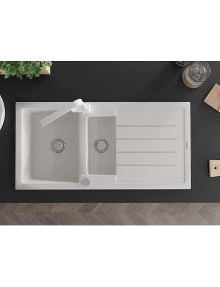 Mexen Andres zlewozmywak granitowy 1,5-komorowy z ociekaczem i baterią kuchenną Rita, biały - 6515-20-670300-20, изображение 4