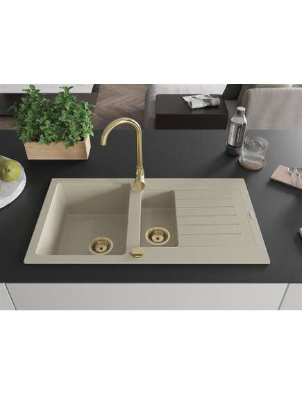 Mexen Matias zlewozmywak granitowy 1,5-komorowy z ociekaczem i baterią kuchenną Telma, beżowy - 6502-69-670200-50, 3 image