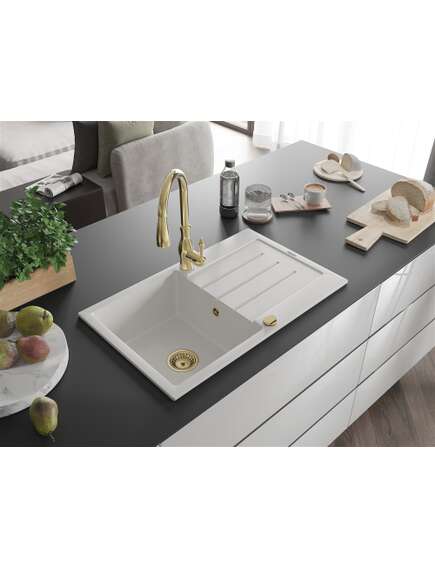 Mexen Bruno zlewozmywak granitowy 1-komorowy z ociekaczem i baterią kuchenną Savita, biały - 6513-20-672601-50, изображение 2