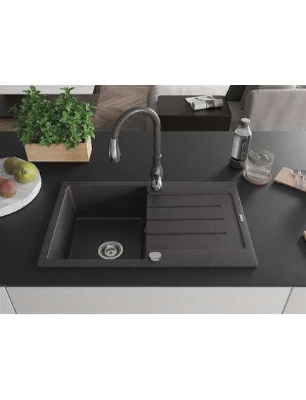 Mexen Bruno zlewozmywak granitowy 1-komorowy z ociekaczem i baterią kuchenną Savita, czarny nakrapiany - 6513-76-672601-76, 3 image