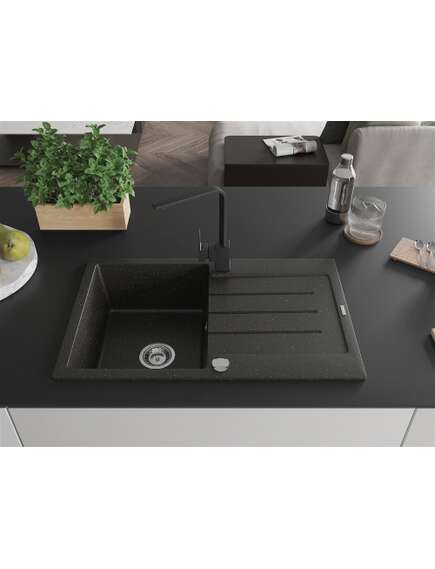Mexen Bruno zlewozmywak granitowy 1-komorowy z ociekaczem i baterią kuchenną Rita, czarny/srebrny metalik - 6513-73-670300-70, 3 image