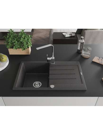 Mexen Bruno zlewozmywak granitowy 1-komorowy z ociekaczem i baterią kuchenną Rita, czarny nakrapiany - 6513-76-670300-00, 3 image