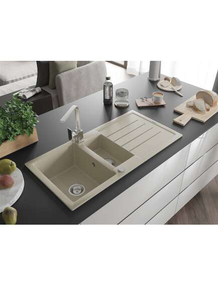 Mexen Andres zlewozmywak granitowy 1,5-komorowy z ociekaczem i baterią kuchenną Rita, beżowy - 6515-69-670300-00, изображение 2