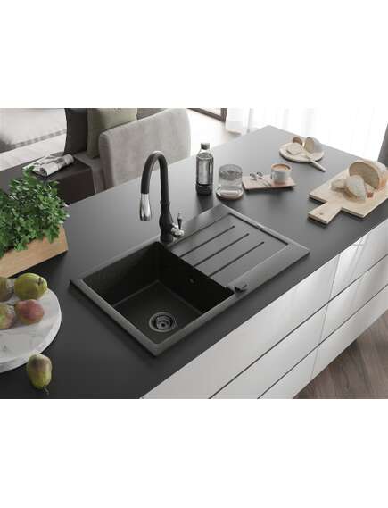 Mexen Bruno zlewozmywak granitowy 1-komorowy z ociekaczem i baterią kuchenną Savita, czarny/zloty metalik - 6513-75-672601-70-B, 2 image