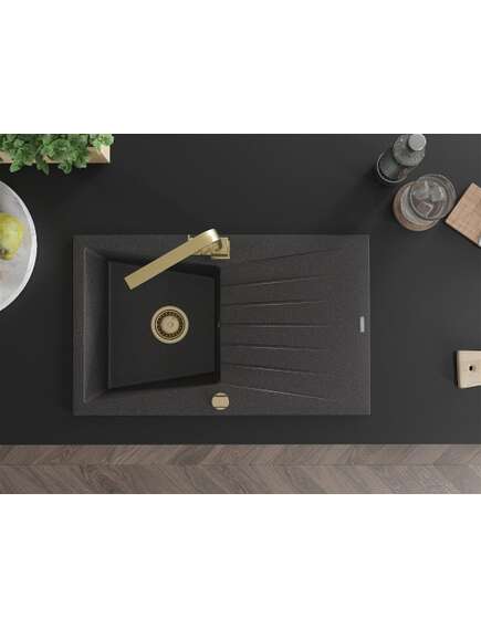 Mexen Cesar zlewozmywak granitowy 1-komorowy z ociekaczem i baterią kuchenną Rita, czarny nakrapiany - 6514-76-670300-50, 4 image