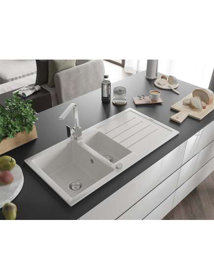Mexen Andres zlewozmywak granitowy 1,5-komorowy z ociekaczem i baterią kuchenną Rita, biały - 6515-20-670300-00, изображение 2