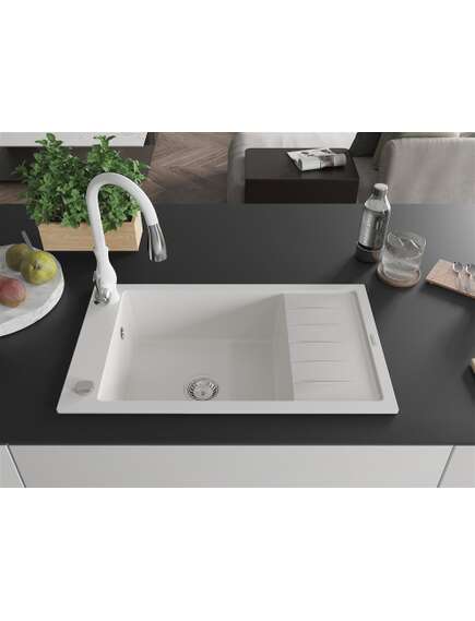 Mexen Elias zlewozmywak granitowy 1-komorowy z ociekaczem i baterią kuchenną Savita, biały - 6511-20-672601-20, изображение 3