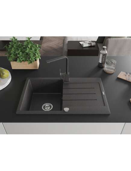 Mexen Bruno zlewozmywak granitowy 1-komorowy z ociekaczem i baterią kuchenną Rita, czarny nakrapiany - 6513-76-670300-76, 3 image