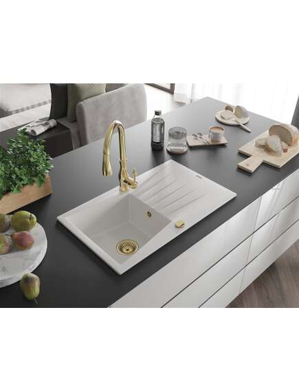 Mexen Cesar zlewozmywak granitowy 1-komorowy z ociekaczem i baterią kuchenną Savita, biały - 6514-20-672601-50, изображение 2