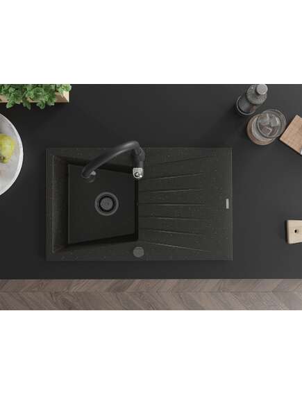 Mexen Cesar zlewozmywak granitowy 1-komorowy z ociekaczem i baterią kuchenną Savita, czarny/złoty metalik - 6514-75-672601-70-B, 4 image