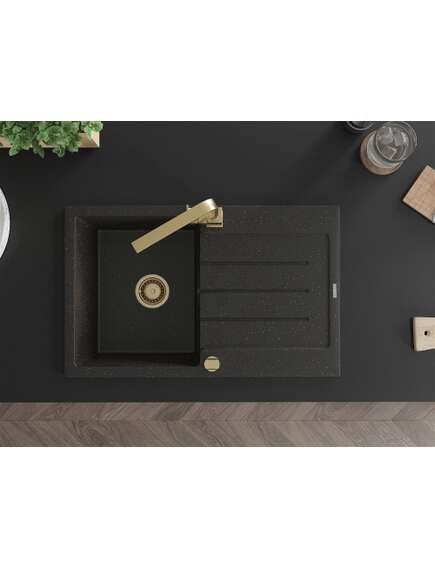 Mexen Bruno zlewozmywak granitowy 1-komorowy z ociekaczem i baterią kuchenną Rita, czarny/złoty metalik - 6513-75-670300-50, 4 image
