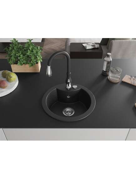Mexen Diego zlewozmywak granitowy 1-komorowy z baterią kuchenną Savita, czarny/srebrny metalik - 6512-73-672601-70, 3 image