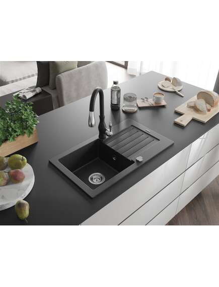 Mexen Pablo zlewozmywak granitowy 1-komorowy z ociekaczem i baterią kuchenną Savita, czarny/srebrny metalik - 6510-73-672601-70, 2 image