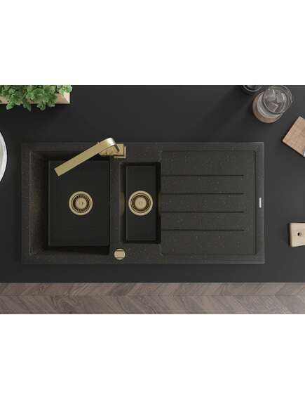 Mexen Andres zlewozmywak granitowy 1,5-komorowy z ociekaczem i baterią kuchenną Rita, czarny/złoty metalik- 6515-75-670300-50, изображение 4