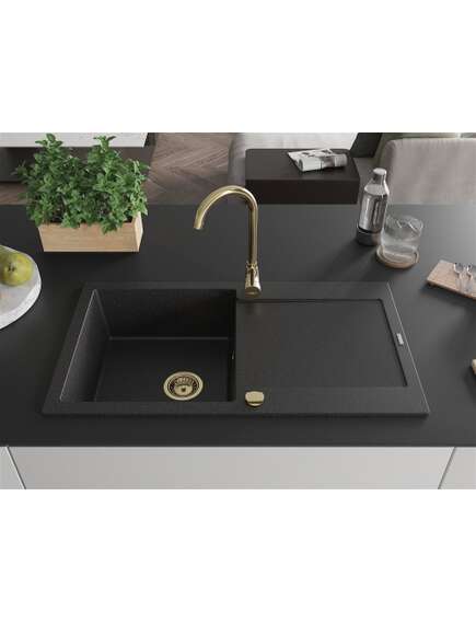 Mexen Leo zlewozmywak granitowy 1-komorowy z ociekaczem i baterią kuchenną Telma, czarny/srebrny metalik - 6501-73-670200-50, изображение 3