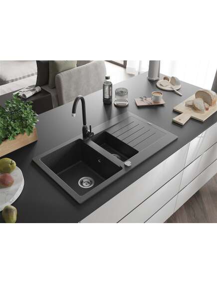 Mexen Matias zlewozmywak granitowy 1,5-komorowy z ociekaczem i baterią kuchenną Telma, czarny nakrapiany - 6502-76-670200-70, изображение 2