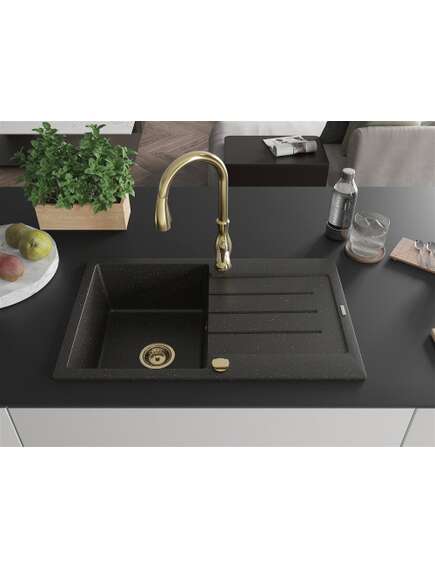 Mexen Bruno zlewozmywak granitowy 1-komorowy z ociekaczem i baterią kuchenną Savita, czarny/zloty metalik - 6513-75-672601-50, 3 image