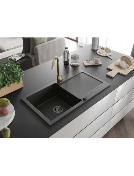 Mexen Leo zlewozmywak granitowy 1-komorowy z ociekaczem i baterią kuchenną Telma, czarny/złoty metalik - 6501-75-670200-50-B, изображение 2