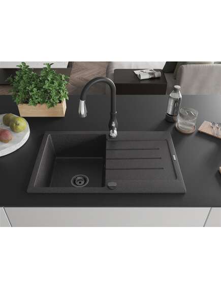Mexen Bruno zlewozmywak granitowy 1-komorowy z ociekaczem i baterią kuchenną Savita, czarny nakrapiany - 6513-76-672601-70-B, 3 image