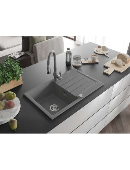 Mexen Bruno zlewozmywak granitowy 1-komorowy z ociekaczem i baterią kuchenną Savita, szary - 6513-71-672601-71, 2 image