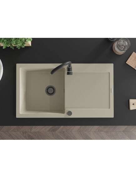 Mexen Leo zlewozmywak granitowy 1-komorowy z ociekaczem i baterią kuchenną Telma, beżowy - 6501-69-670200-70, 4 image