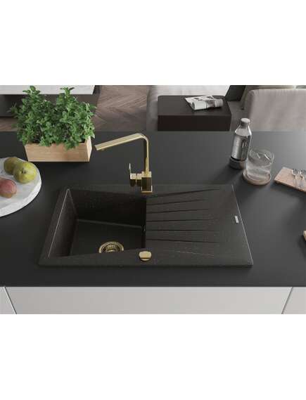 Mexen Cesar zlewozmywak granitowy 1-komorowy z ociekaczem i baterią kuchenną Rita, czarny/złoty metalik - 6514-75-670300-50, 3 image