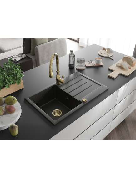 Mexen Bruno zlewozmywak granitowy 1-komorowy z ociekaczem i baterią kuchenną Savita, czarny/zloty metalik - 6513-75-672601-50, 2 image