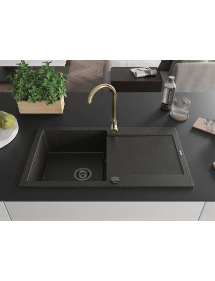 Mexen Leo zlewozmywak granitowy 1-komorowy z ociekaczem i baterią kuchenną Telma, czarny/złoty metalik - 6501-75-670200-50-B, изображение 3