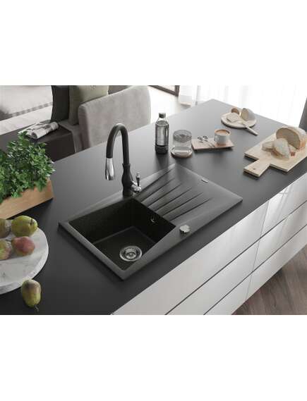 Mexen Cesar zlewozmywak granitowy 1-komorowy z ociekaczem i baterią kuchenną Savita, czarny/złoty metalik - 6514-75-672601-70, 2 image