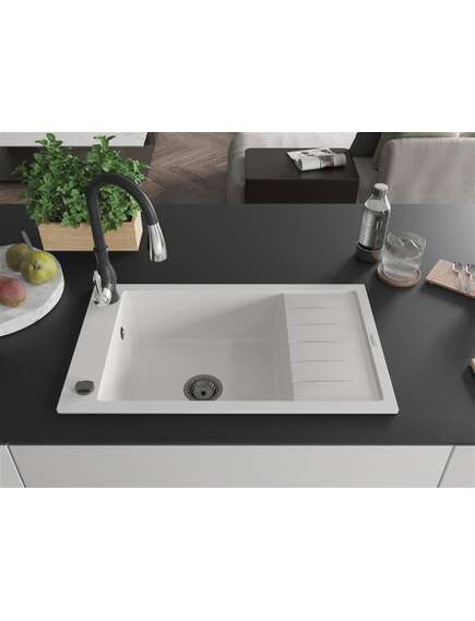 Mexen Elias zlewozmywak granitowy 1-komorowy z ociekaczem i baterią kuchenną Savita, biały - 6511-20-672601-70, изображение 3