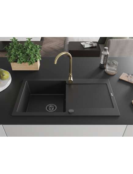 Mexen Leo zlewozmywak granitowy 1-komorowy z ociekaczem i baterią kuchenną Telma, czarny - 6501-77-670200-50-B, 3 image
