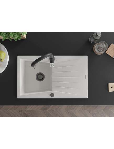 Mexen Cesar zlewozmywak granitowy 1-komorowy z ociekaczem i baterią kuchenną Savita, biały - 6514-20-672601-70, изображение 4