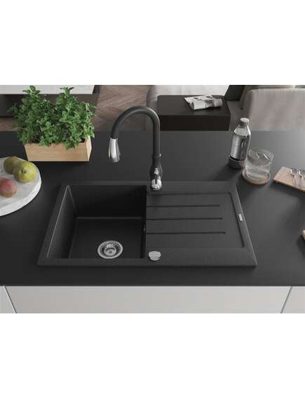 Mexen Bruno zlewozmywak granitowy 1-komorowy z ociekaczem i baterią kuchenną Savita, czarny/srebrny metalik - 6513-73-672601-70, 3 image