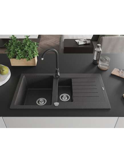 Mexen Matias zlewozmywak granitowy 1,5-komorowy z ociekaczem i baterią kuchenną Telma, czarny nakrapiany - 6502-76-670200-70, изображение 3