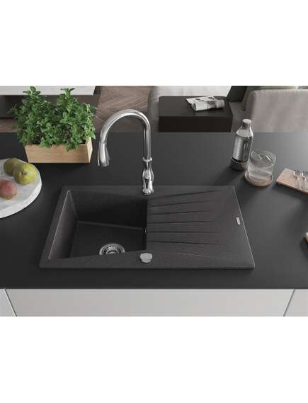 Mexen Cesar zlewozmywak granitowy 1-komorowy z ociekaczem i baterią kuchenną Savita, czarny nakrapiany - 6514-76-672601-00, 3 image