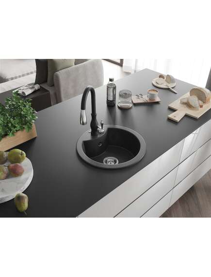 Mexen Diego zlewozmywak granitowy 1-komorowy z baterią kuchenną Savita, czarny nakrapiany - 6512-76-672601-70, 2 image