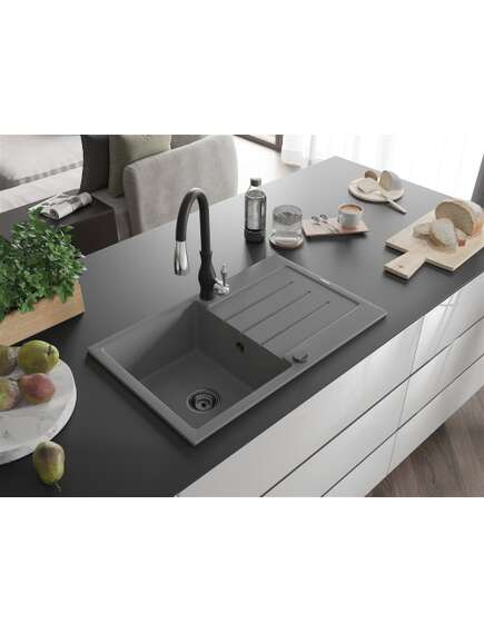 Mexen Bruno zlewozmywak granitowy 1-komorowy z ociekaczem i baterią kuchenną Savita, szary - 6513-71-672601-70-B, 2 image