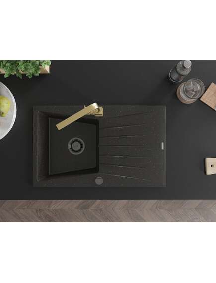Mexen Cesar zlewozmywak granitowy 1-komorowy z ociekaczem i baterią kuchenną Rita, czarny/złoty metalik - 6514-75-670300-50-B, 4 image