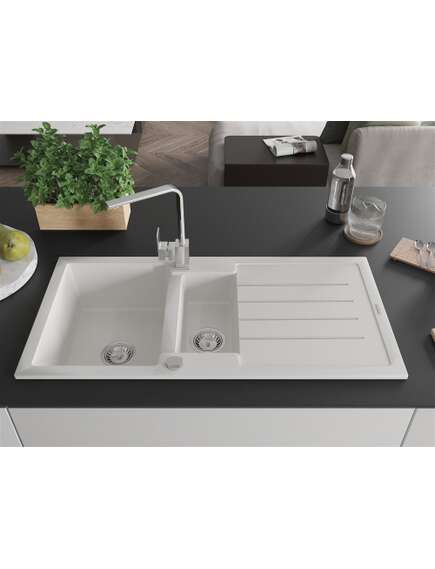 Mexen Andres zlewozmywak granitowy 1,5-komorowy z ociekaczem i baterią kuchenną Rita, biały - 6515-20-670300-00, изображение 3