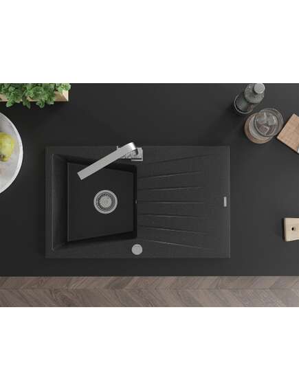 Mexen Cesar zlewozmywak granitowy 1-komorowy z ociekaczem i baterią kuchenną Rita, czarny/srebrny metalik - 6514-73-670300-00, 4 image