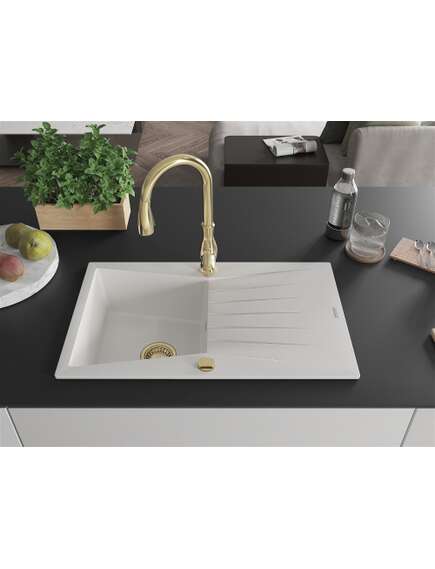 Mexen Cesar zlewozmywak granitowy 1-komorowy z ociekaczem i baterią kuchenną Savita, biały - 6514-20-672601-50, изображение 3