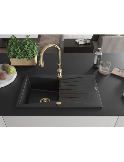Mexen Cesar zlewozmywak granitowy 1-komorowy z ociekaczem i baterią kuchenną Savita, czarny/srebrny metalik - 6514-73-672601-50, изображение 3