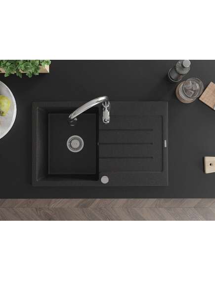 Mexen Bruno zlewozmywak granitowy 1-komorowy z ociekaczem i baterią kuchenną Savita, czarny/srebrny metalik - 6513-73-672601-00, 4 image